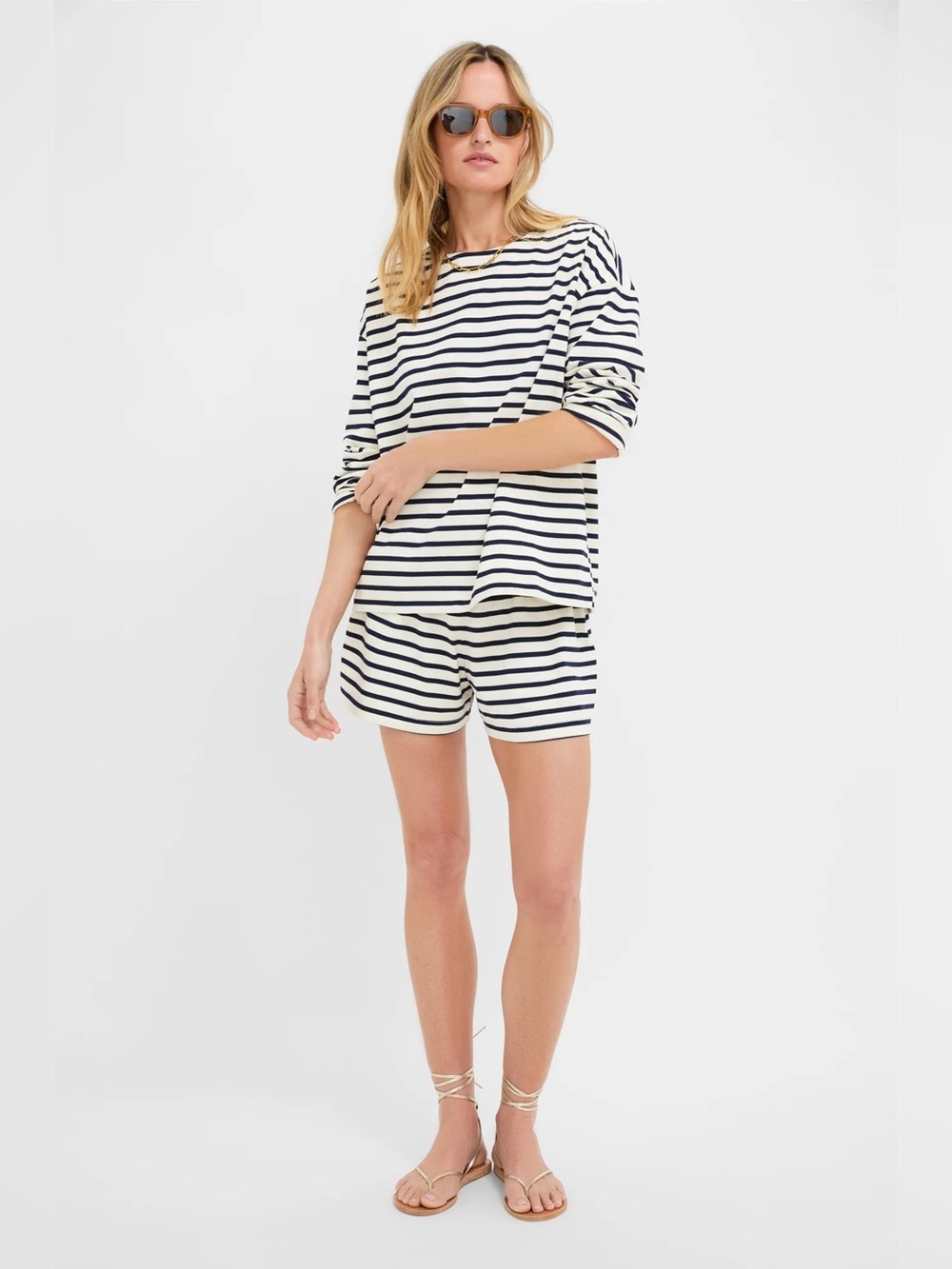 Tuckernuck Navy & Ivory Stripe Knit Odie Tee + Olympia Shorts Set, Size Medium